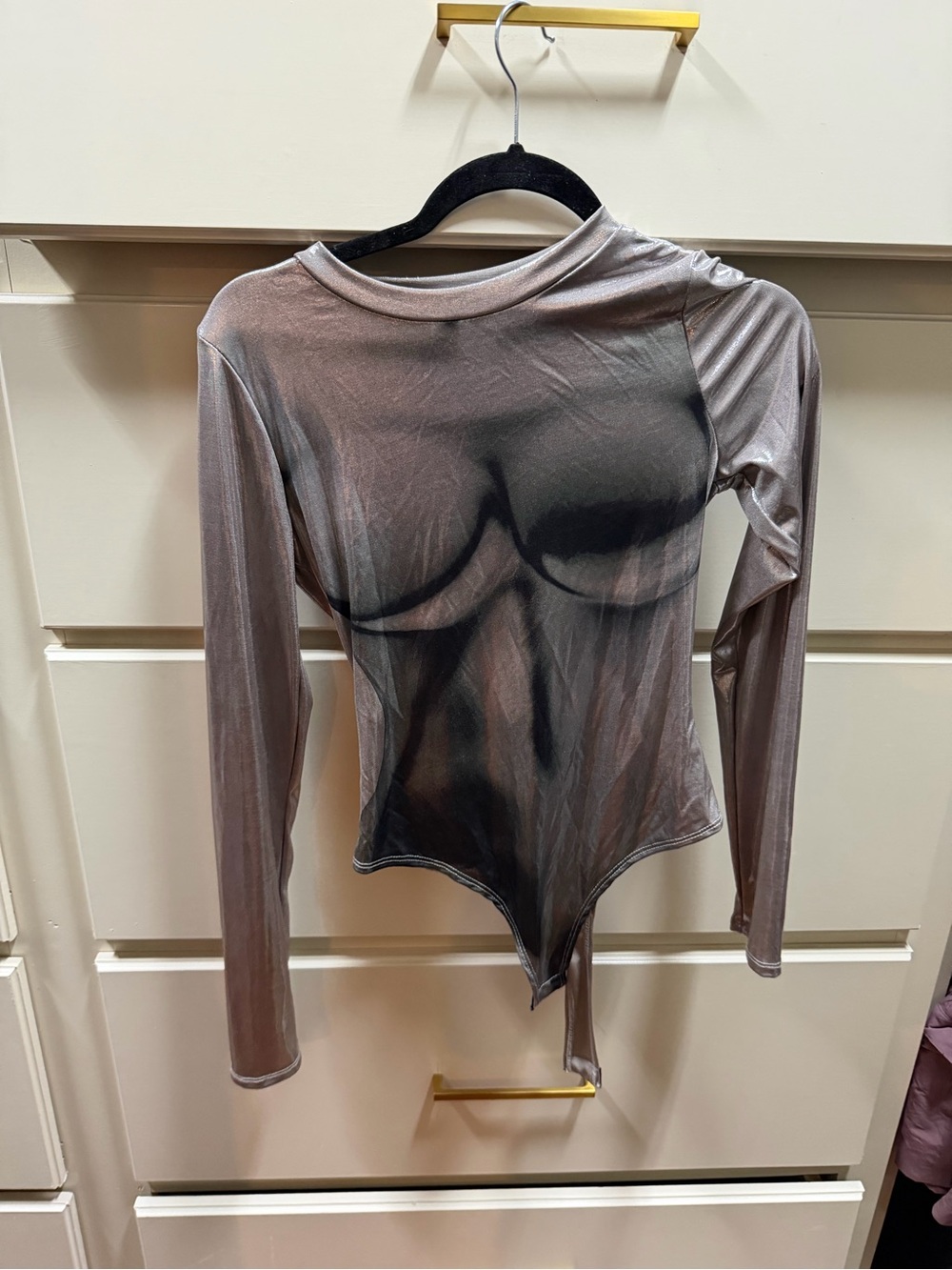 Fashion nova Metallic Taupe Long-Sleeve Bodysuit
